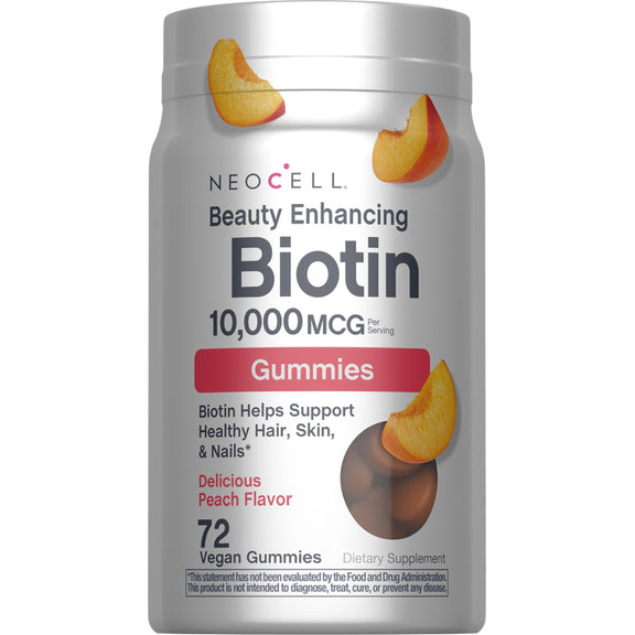 Biotin 10,000 MCG Gummies Peach Flavor, 72 Tasty Vegan Gummies
