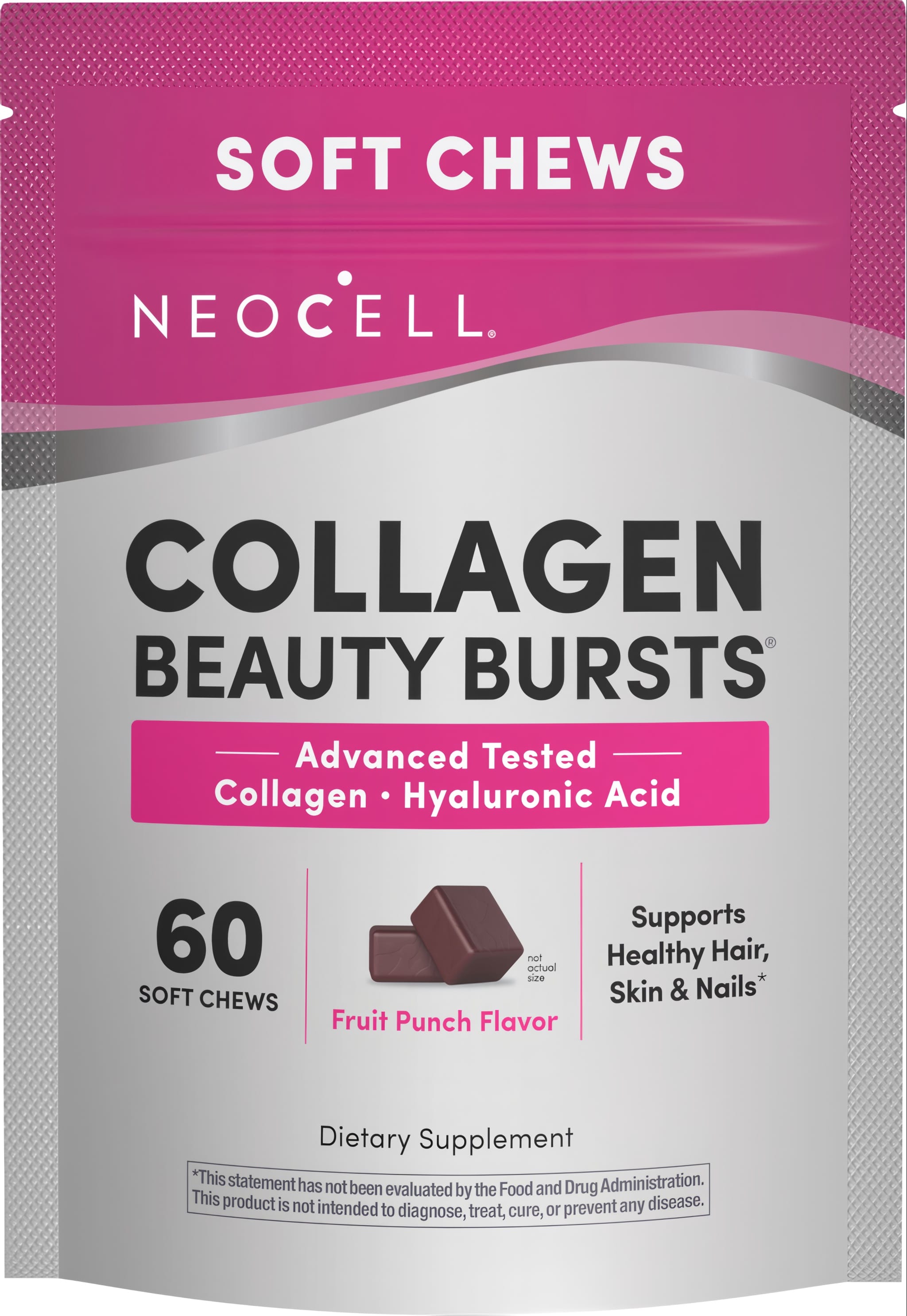 Neocell Collagen Beauty Bursts, 60 Fruit Punch Soft Chews with Collagen, Hyaluronic Acid, supports Healthy Hair, Skin & Nails.