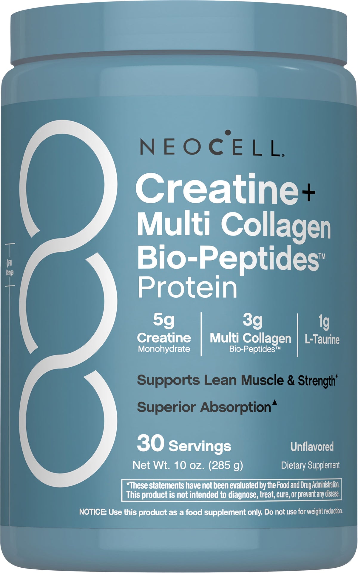 Creatine and Multi Collagen Bio-Peptides protein powder with 30 servings, weighing 10 oz (285 g).