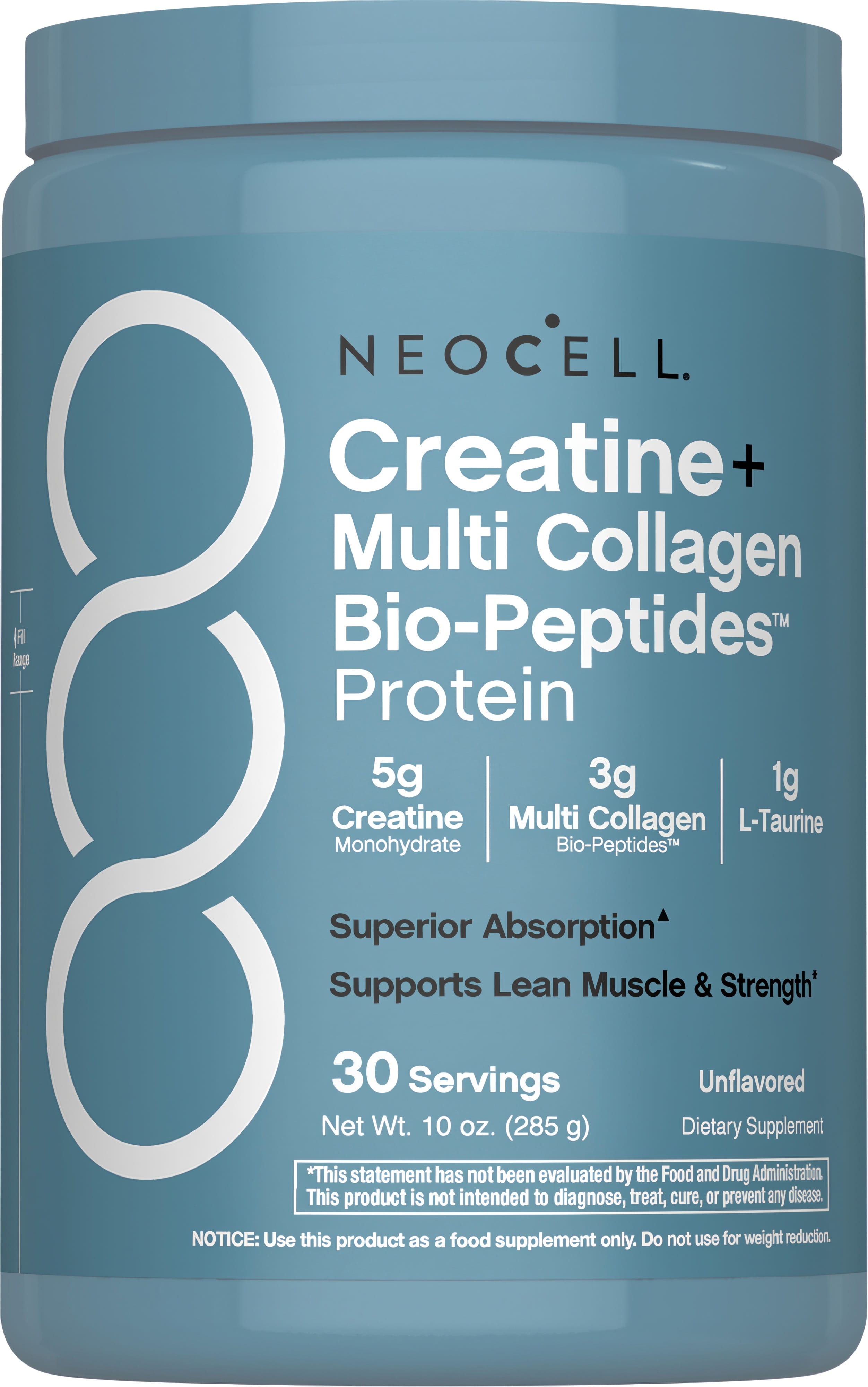 Neocell Creatine + Multi Collagen Bio-Peptides Protein, unflavored powder with 30 servings, Net Wt. 10 oz. (285 g).