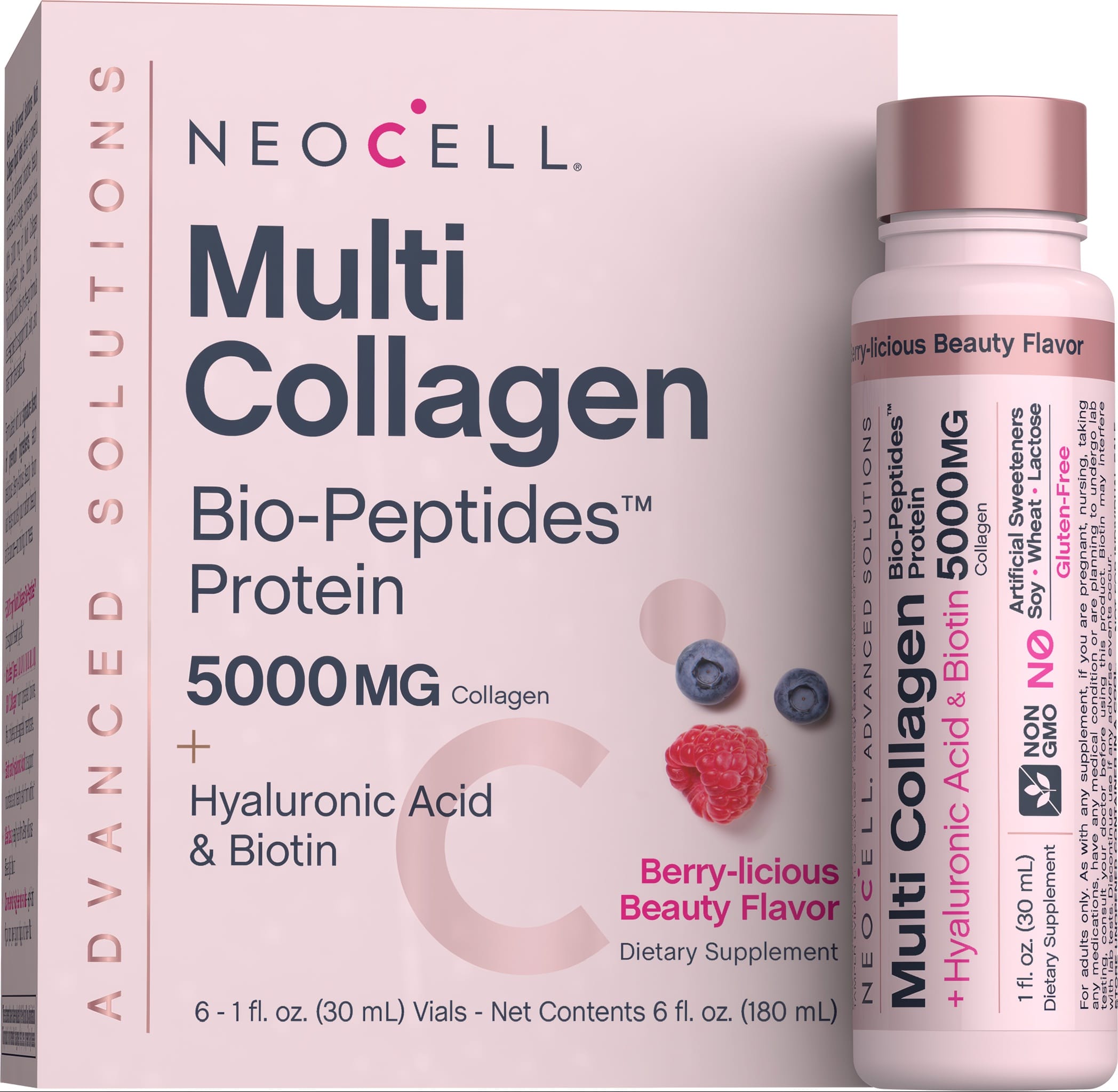 NEOCELL Multi Collagen Bio-Peptides Protein, 5000MG Collagen, Hyaluronic Acid, and Biotin in Berry-licious Beauty Flavor, 6 vials.
